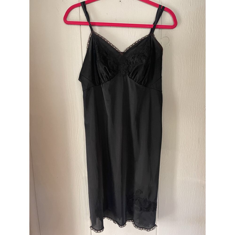 Vintage Vanity Fair Baby Doll Black Satin Slip Dress Chocolate Brown Lace Trim
